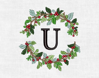 Personalized Christmas Wreath Monogram Embroidery Design – Custom Initial | Digital Machine Embroidery (4")