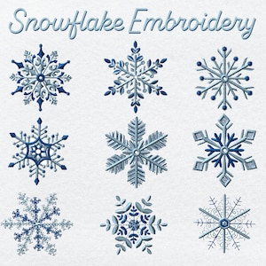 May include: Nine embroidered snowflake designs in blue and white on a white background. The text "Snowflake Embroidery" is at the top of the image.