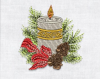 Christmas Candle with Pine & Ribbon Embroidery Design, Digital Machine Embroidery (3")