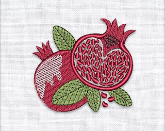 Pomegranate Embroidery Design – Split Fruit with Seeds & Leaves, Digital Machine Embroidery (3")