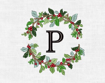 Personalized Christmas Wreath Monogram Embroidery Design – Custom Initial | Digital Machine Embroidery (4")