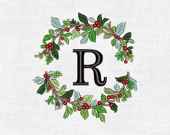 Personalized Christmas Wreath Monogram Embroidery Design – Custom Initial | Digital Machine Embroidery (4")