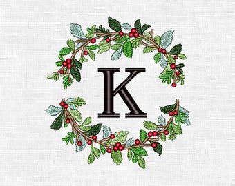 Personalized Christmas Wreath Monogram Embroidery Design – Custom Initial | Digital Machine Embroidery (4")