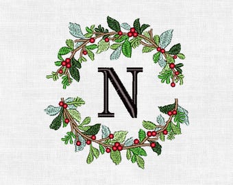 Personalized Christmas Wreath Monogram Embroidery Design – Custom Initial | Digital Machine Embroidery (4")