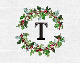 Personalized Christmas Wreath Monogram Embroidery Design – Custom Initial | Digital Machine Embroidery (4")
