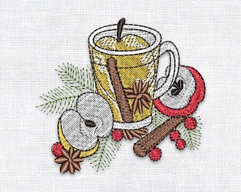Cozy Mulled Apple Cider Mug Embroidery Design – Cinnamon & Star Anise | Digital Machine Embroidery (3")