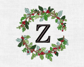 Personalized Christmas Wreath Monogram Embroidery Design – Custom Initial | Digital Machine Embroidery (4")