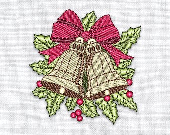 Christmas Bells with Holly & Bow Embroidery Design | Digital Machine Embroidery (3")