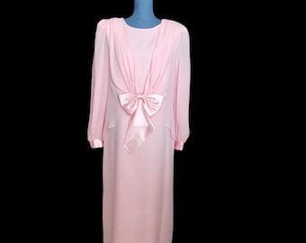 80s Vintage M-L After Dark Pink Satin Bow Pearl Button Shoulder Pad Back Zip Dress