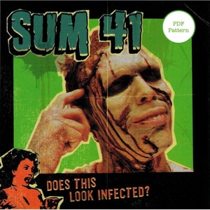 Puede incluir: Un póster verde y negro con el texto "SUM 41" en letras grandes y en negrita. El póster presenta a un hombre con la cara ensangrentada y el texto "DOES THIS LOOK INFECTED?" en letras blancas. El póster tiene un pequeño círculo blanco en la esquina superior derecha con el texto "PDF Pattern" dentro.