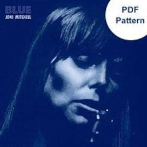 Puede incluir: Un primer plano de la cara de una mujer, con cabello oscuro y un fondo azul. El texto "BLUE" y "JONI MITCHELL" es visible en letras blancas. La imagen es una portada de álbum vintage.