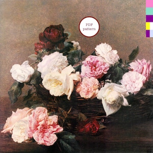 May include: A painting depicting a bouquet of roses in various shades of pink, white, and red. The roses are arranged in a basket and are surrounded by green leaves. The background is a muted brown colour. The text "PDF pattern" is visible in a circle at the top of the image.