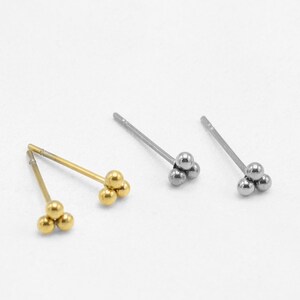 tiny triple ball stud earrings, dot stud earrings, stainless steel earrings, Surgical steel studs, Hypoallergenic, small gold studs triangle