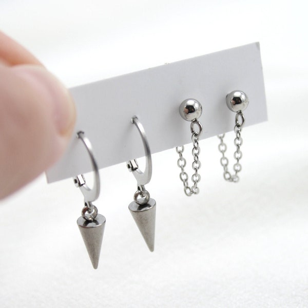 Surgical steel earrings set of 2 pairs silver | spike leverback earrings and front to back chain earrings silver | 316L stainless steel