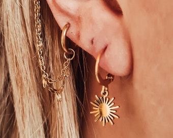 Surgical steel earrings sun, stainless steel hoop earrings charm, hypoallergenic earrings sensitive ears, sunny hoops