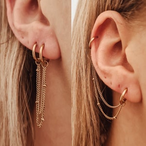 Double chain huggie hoops, helix chain earring to lobe, Double earring with chain, two hole earring, Hypoallergenic 316L stainless steel