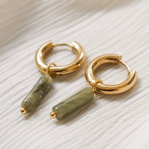 Olive green natural stone hoop earrings gold, silver, Surgical steel earrings for sensitive ears, hypoallergenic 316L Stainless steel