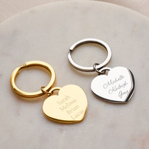 Personalized keychain heart tag gold, silver, stainless steel keychain women, custom name keychain engraved, Keychain personalize 4 names