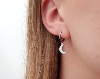 tiny crescent moon hoop earrings silver | Surgical steel leverback earrings | Earrings sensitive ears | hypoallergenic 316L Stainless steel