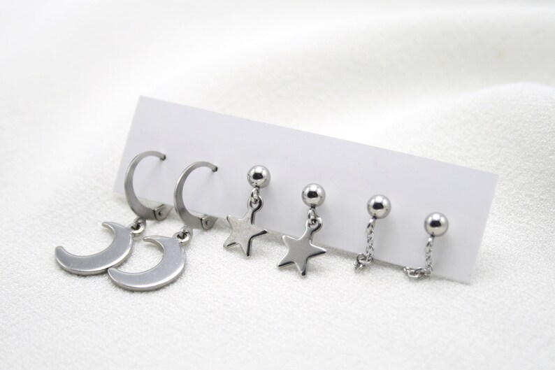 Surgical Steel Earrings Set of 3 Pairs Silver Moon Leverback Etsy