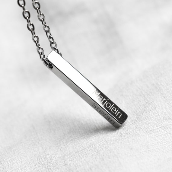 3D Stainless Steel Bar Pendant Necklace Mens Women Cool Vertical Pendant  Chain Silver