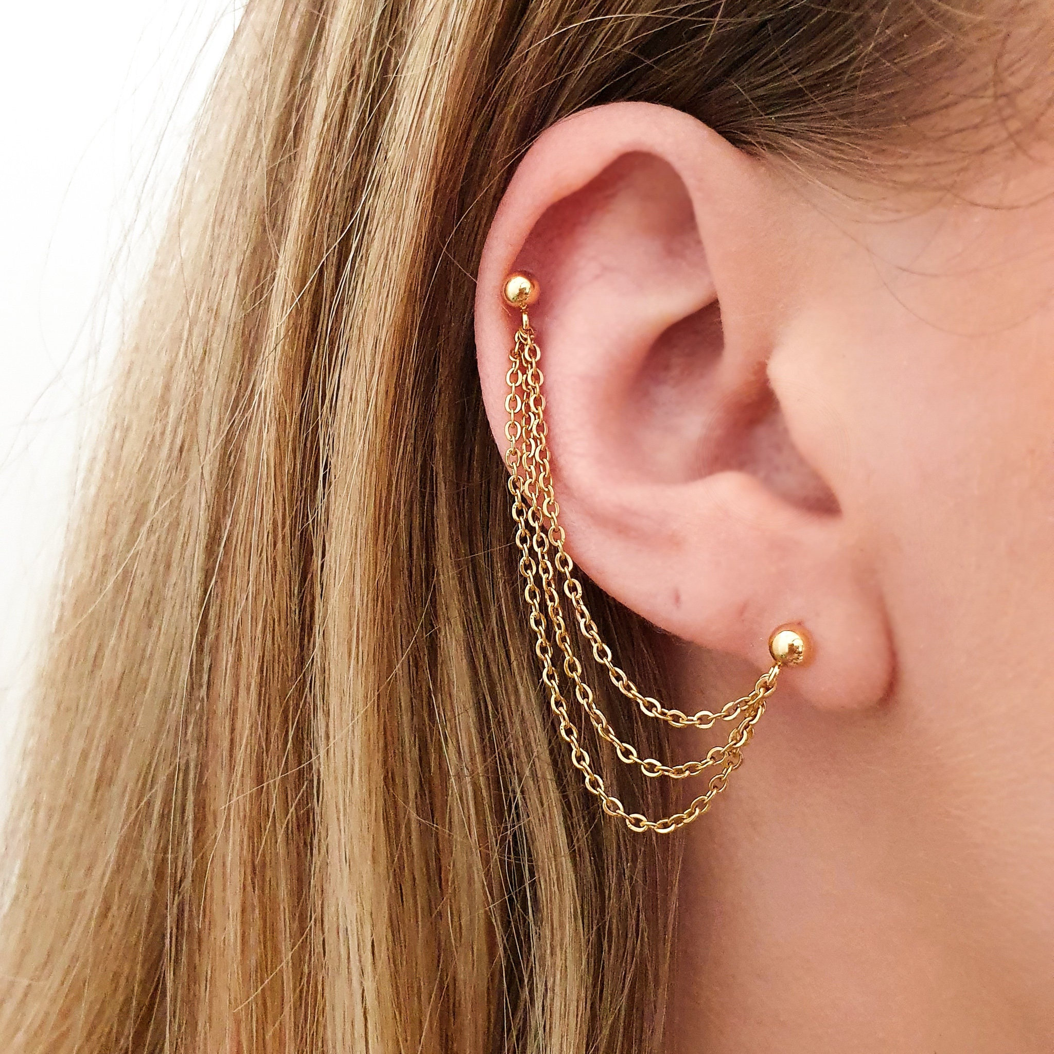 Surgical Steel Helix Chain Earring to Lobe Gold Silver