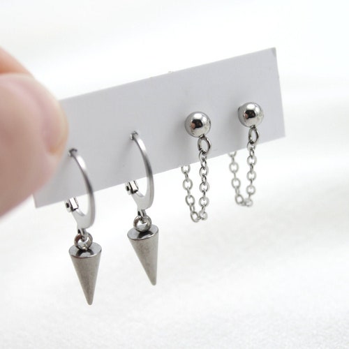 Surgical Steel Earrings Set of 2 Pairs Silver Spike Etsy
