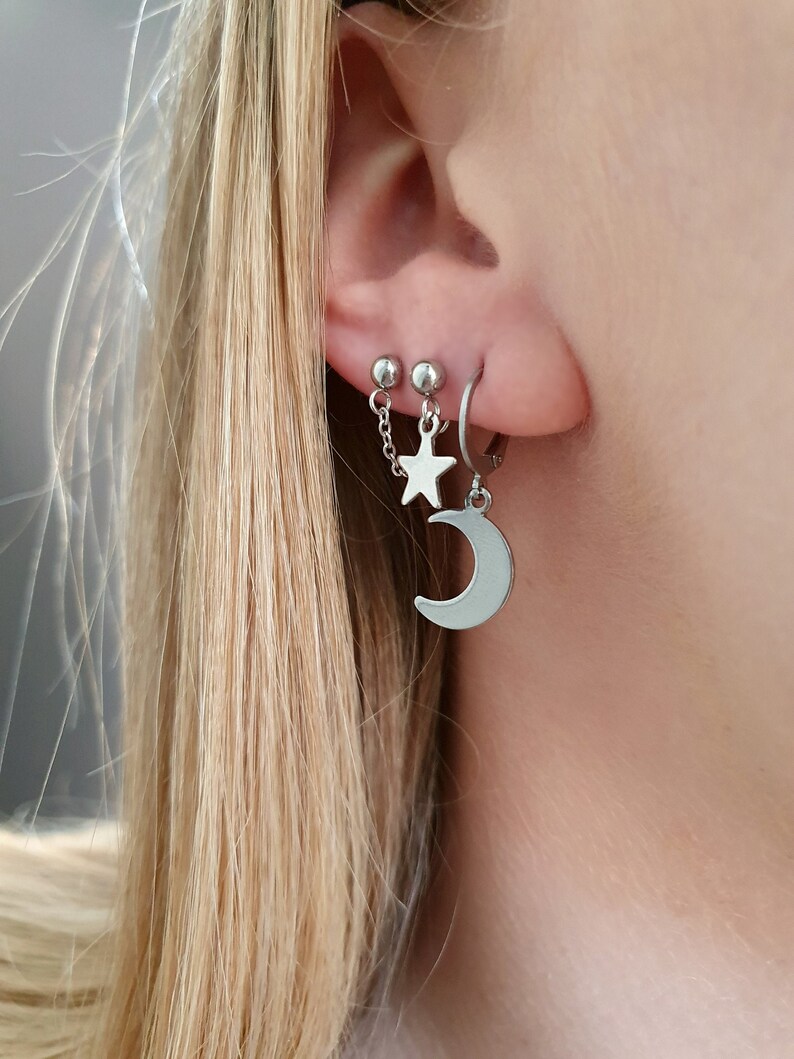 Surgical Steel Earrings Set of 3 Pairs Silver Moon Leverback Etsy