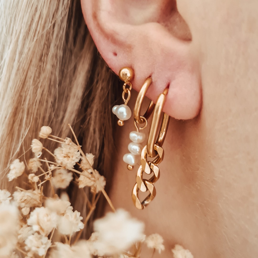 Oval Chunky Chain Hoop Earrings Gold Silver Long Chain Etsy