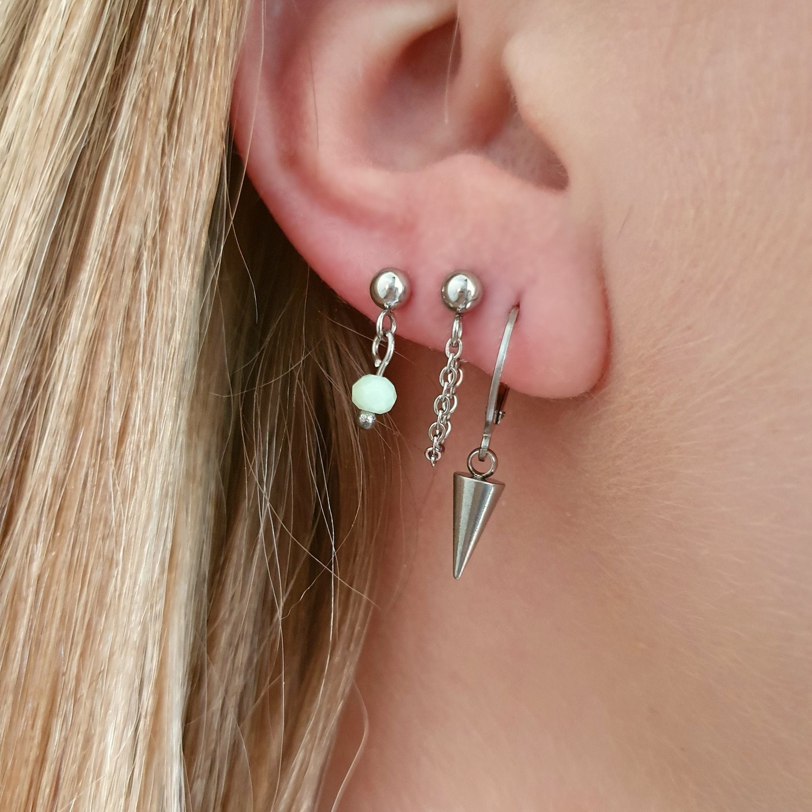 Surgical steel earrings set of 3 pairs silver spike Etsy