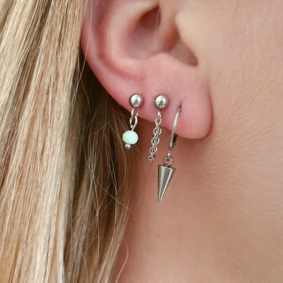 Surgical Steel Earrings Set of 3 Pairs Silver Spike Leverback