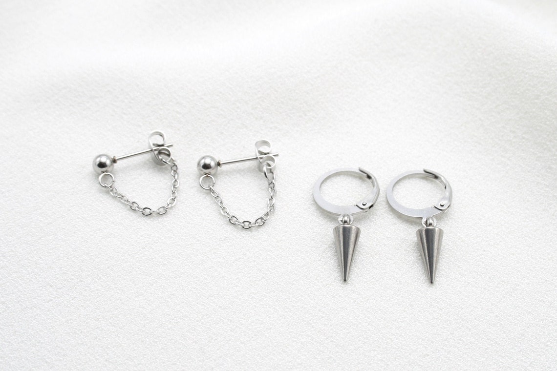 Surgical Steel Earrings Set of 2 Pairs Silver Spike Etsy