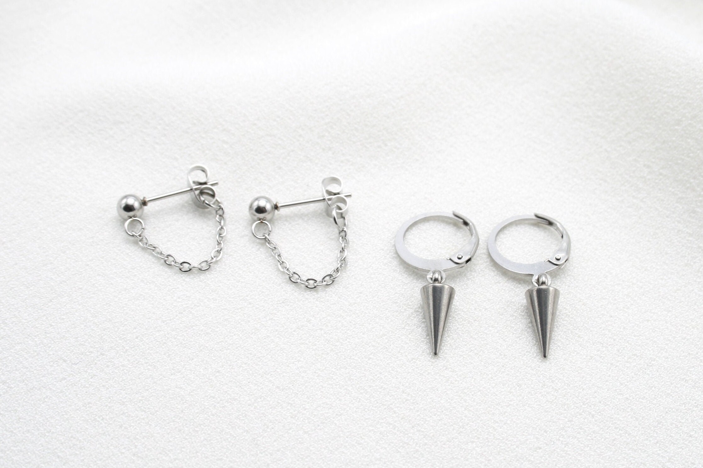 Surgical Steel Earrings Set of 2 Pairs Silver Spike - Etsy