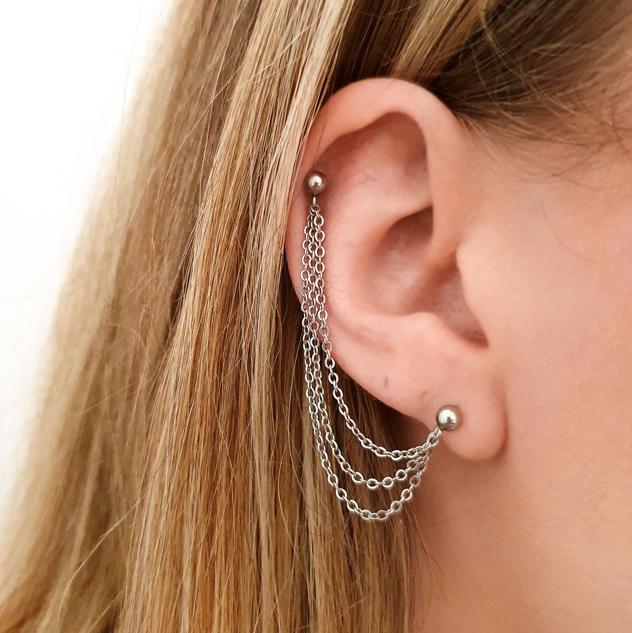 Surgical Steel Helix Chain Earring to Lobe Gold Silver