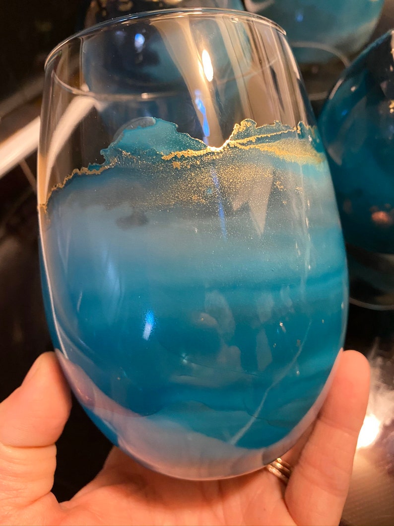 Teal Hand Painted stemless Wine Glasses