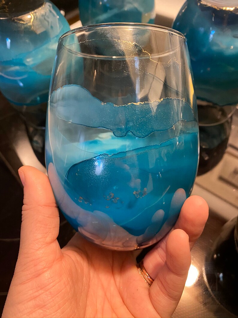 Teal Hand Painted stemless Wine Glasses