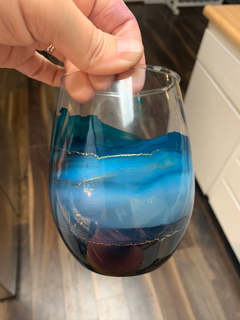 Teal Hand Painted Stemless Wine Glasses Etsy