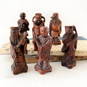 6 hand carved wooden Chinese figures Bohemian Boho Eclectic Global Decor Style Home wood immortals 5406 image 1