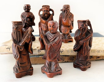 6 hand carved wooden Chinese figures - Bohemian Boho Eclectic Global Decor Style Home - wood immortals #5406