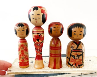 x1 small Japanese kokeshi doll - Japan wood wooden toy kawaii oriental - traditional black red green #8065