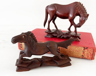 x1 hand carved Chinese wooden horse - Bohemian Boho Eclectic Global Decor Style Home - wood glass eyes chinoiserie #5329