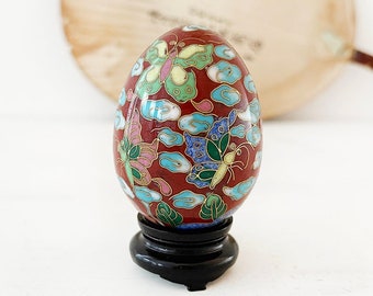 Chinese cloisonne enamel egg on stand - Asian decorative eggs floral flowers butterfly chinoiserie brass - Easter gift #7233