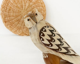 Hand carved horn owl - bohemian boho eclectic global home decor style - real horn carving - Asian bird #7748