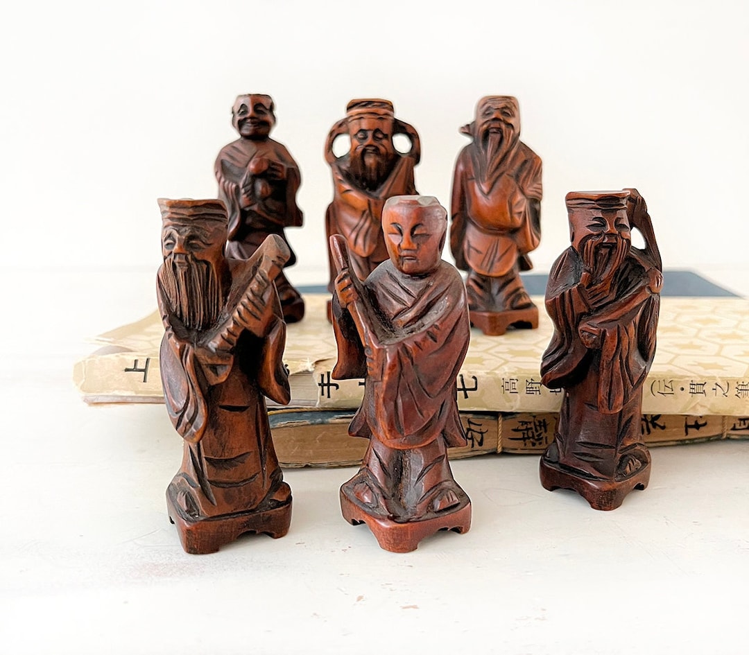 6 Hand Carved Wooden Chinese Figures Bohemian Boho Eclectic Global