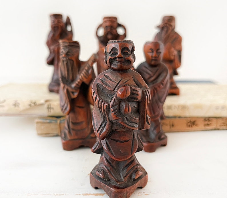 6 hand carved wooden Chinese figures Bohemian Boho Eclectic Global Decor Style Home wood immortals 5406 image 2