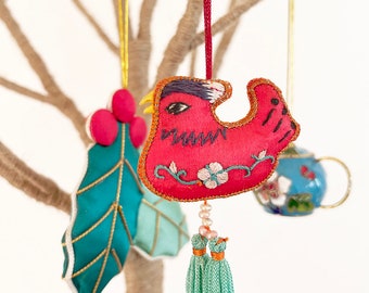 3 vintage Chinese Christmas ornaments - satin silk embroidery bird cloisonne teapot - Bohemian Boho Global Eclectic Decor Style Home #7252