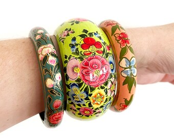 3 hand painted Kashmir Indian bangles  - Bohemian Boho Eclectic Global Style - womens ladies fashion - floral tribal frida kahlo #7796