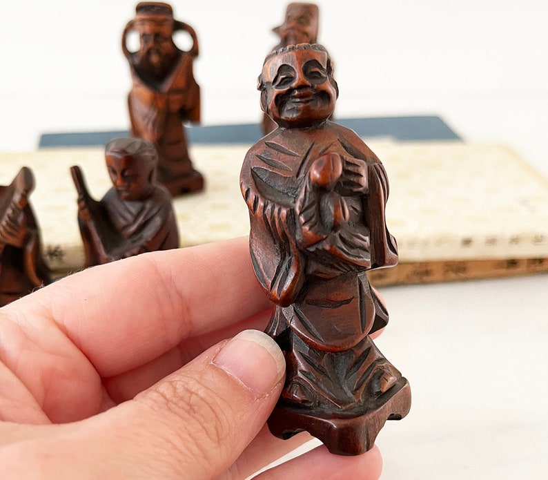 6 hand carved wooden Chinese figures Bohemian Boho Eclectic Global Decor Style Home wood immortals 5406 image 3