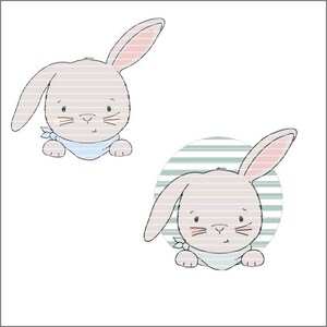 Könnte beinhalten: Zwei Illustrationen eines niedlichen Cartoon-Kaninchens mit blau-weiß gestreiftem Hintergrund. Das Kaninchen trägt ein hellblaues Halstuch.