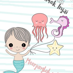 May include: A cartoon illustration of a mermaid boy holding three balloons. The balloons are shaped like a jellyfish, a seahorse, and a starfish. The text "Juno Design meets Injai" and "Meerjungbub mit Ballon" are written on the image.